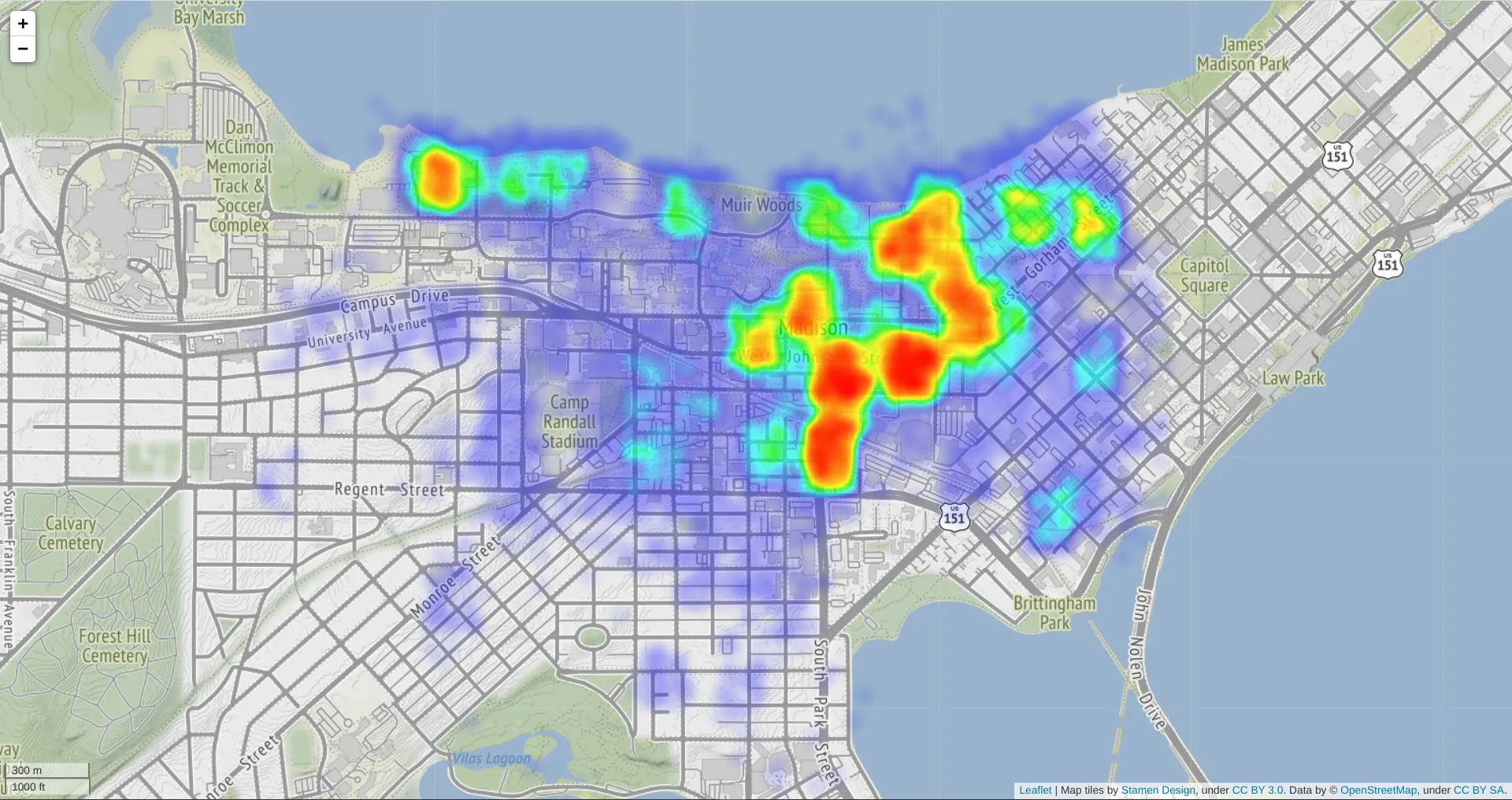 Visualization of YikYak Location in Madison, WI